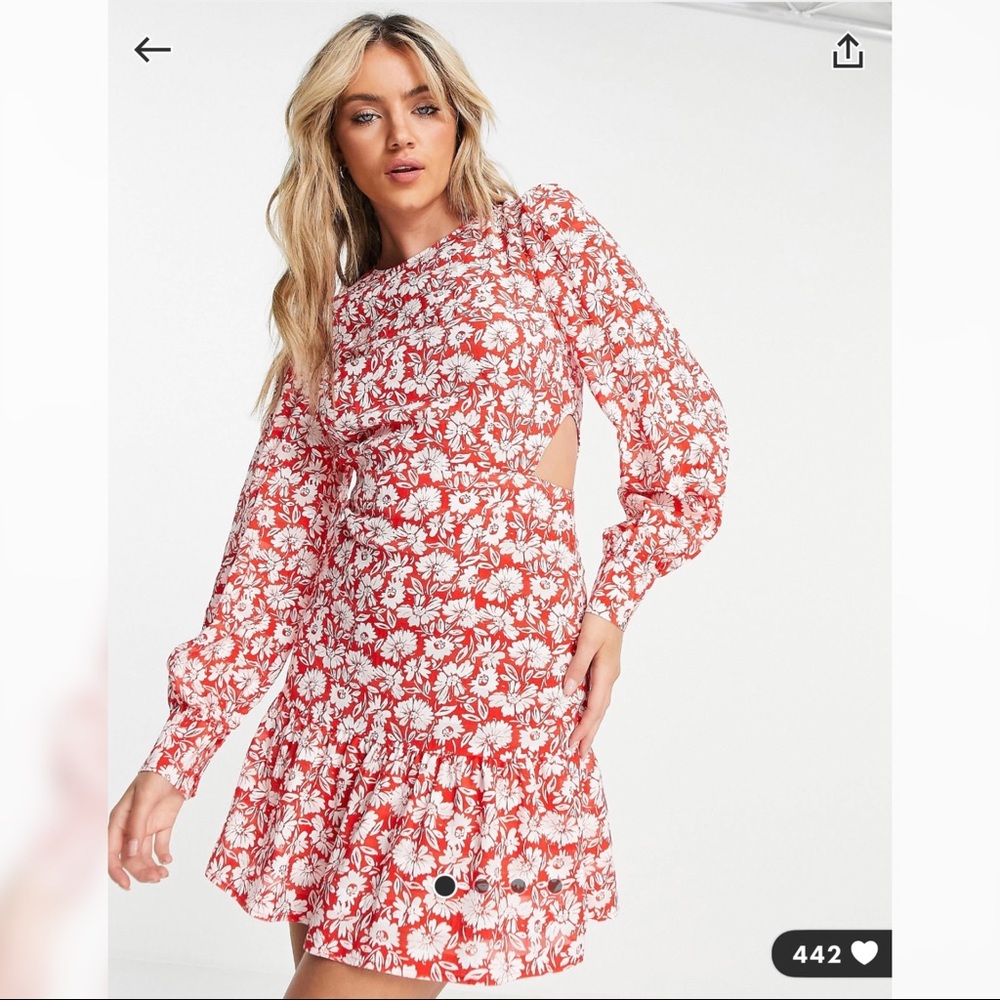 Topshop cut out side tea mini dress in red daisy print